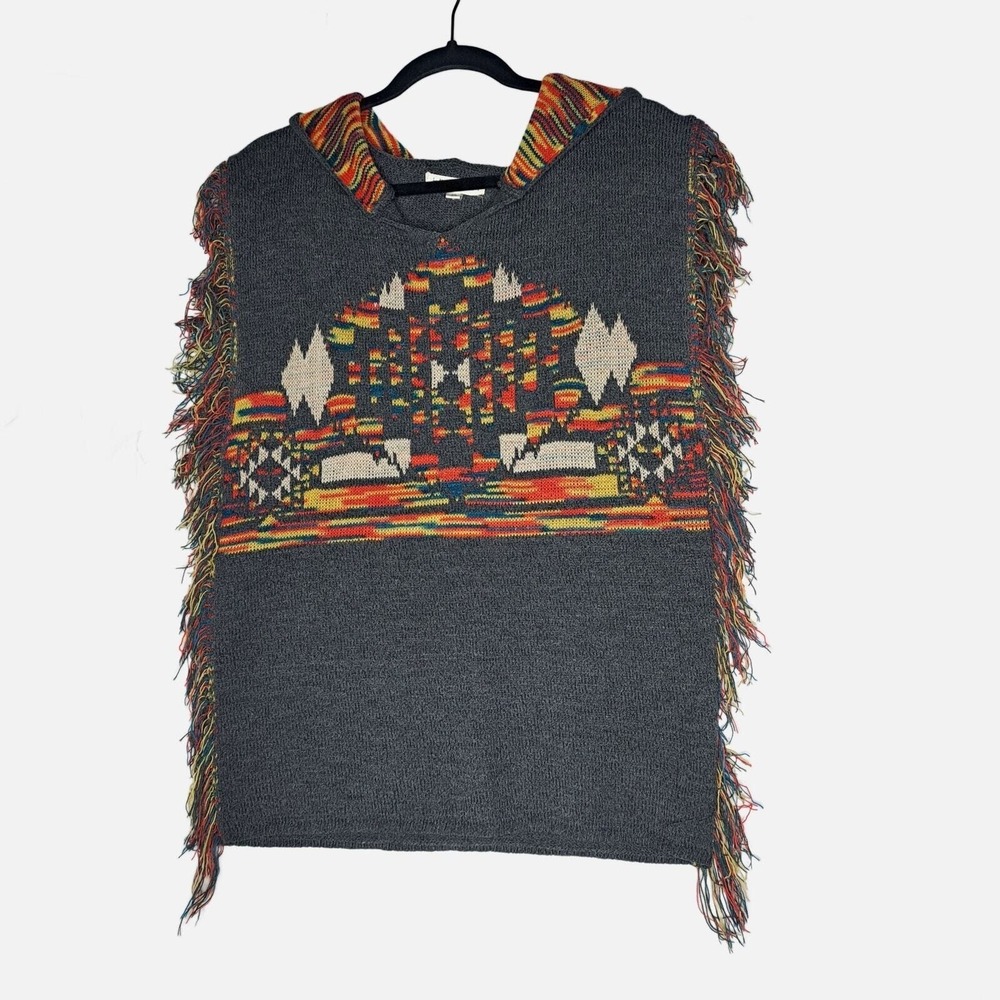 Indigo Thread Co Poncho Sweater Women XS Hooded‎ Knit Fringe Boho Western Layer